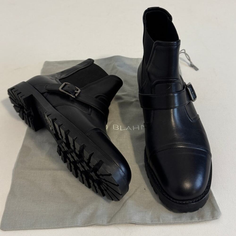 Manolo Blahnik Traba Black Calf Leather Buckle Ankle Boots EU 38.5